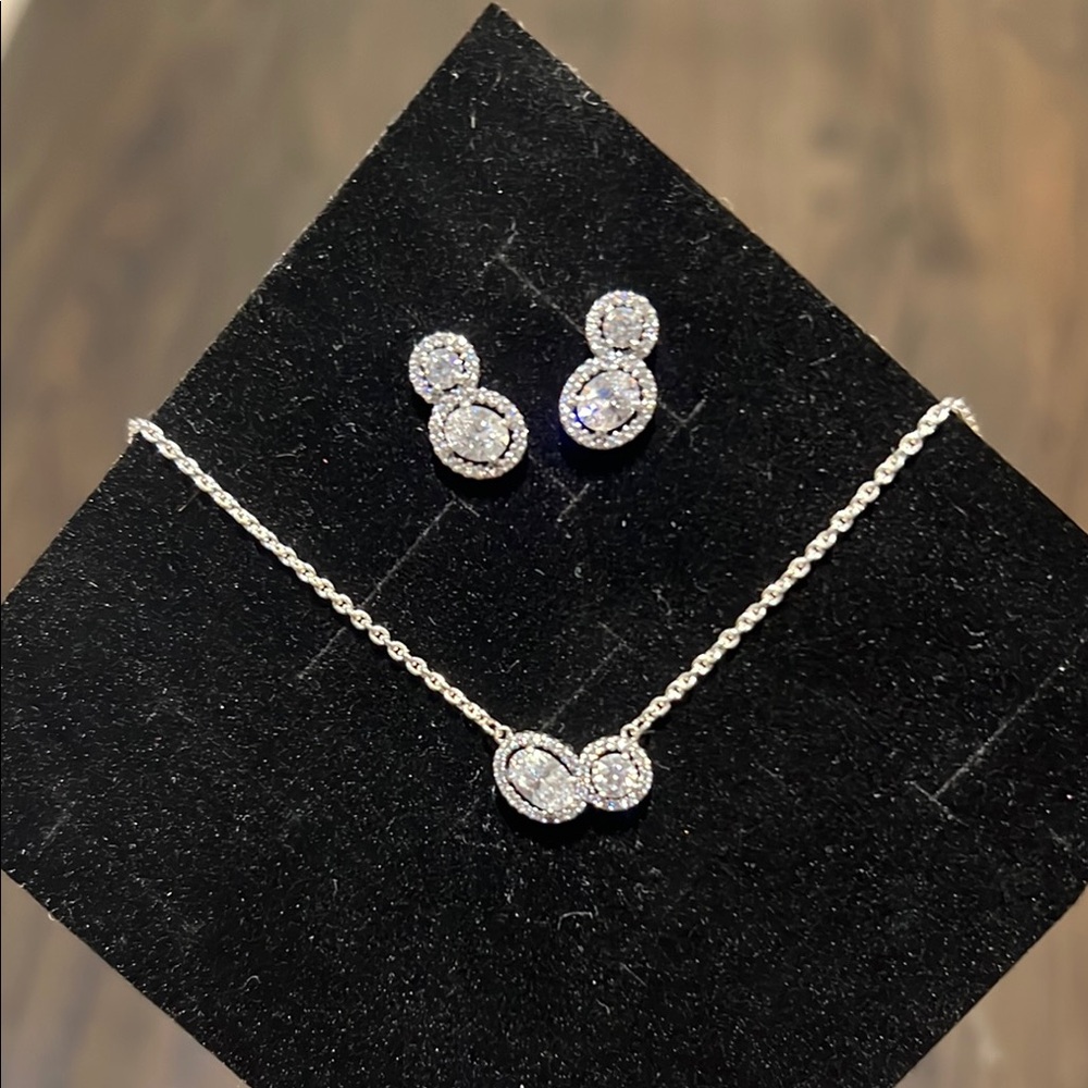 Pandora Silver Necklace and Earrings with Sparkling Stones